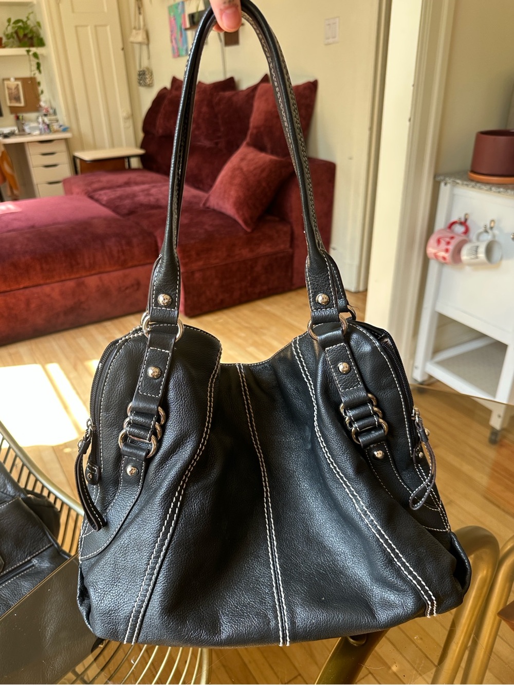 Vintage Tignanello Black Leather Multi-Stitch Hobo Shoulder Bag